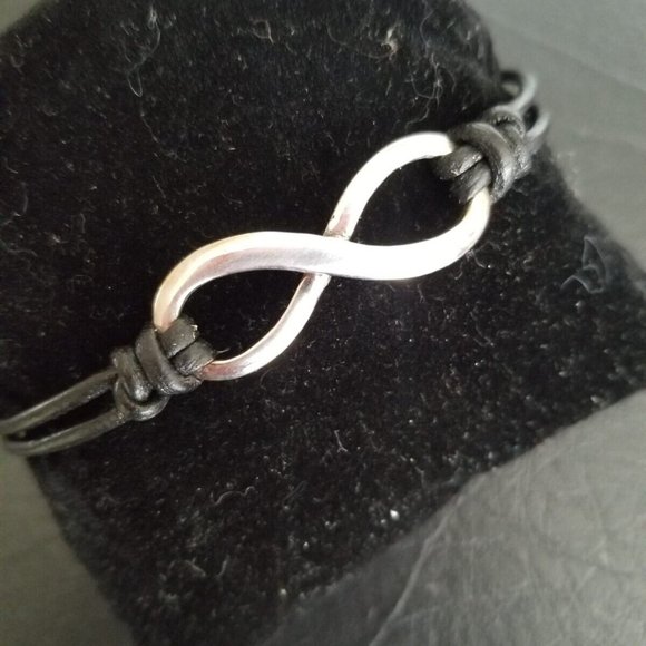 Solid Sterling Silver Infinity Symbol Black Handcrafted Leather Cord Bracelet - Picture 1 of 10